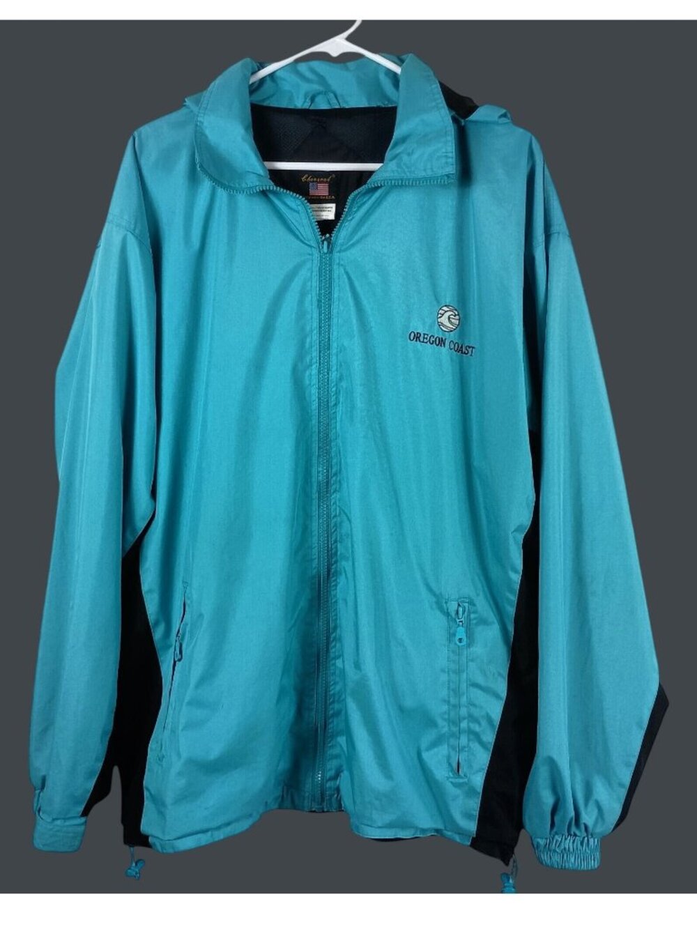 Vintage Oregon Coast Hooded Windbreaker Jacket Womens XL Teal Hiking Travel 90s